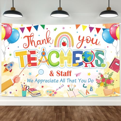 Image of Happy Teacher Day Banner Teacher Appreciation Week Decorations Flag Outdoor 71x44 Inch School Classroom Backdrop,Thank You Teacher Gifts for Indoor Home Party Supplies,Yard Sign Photography Background