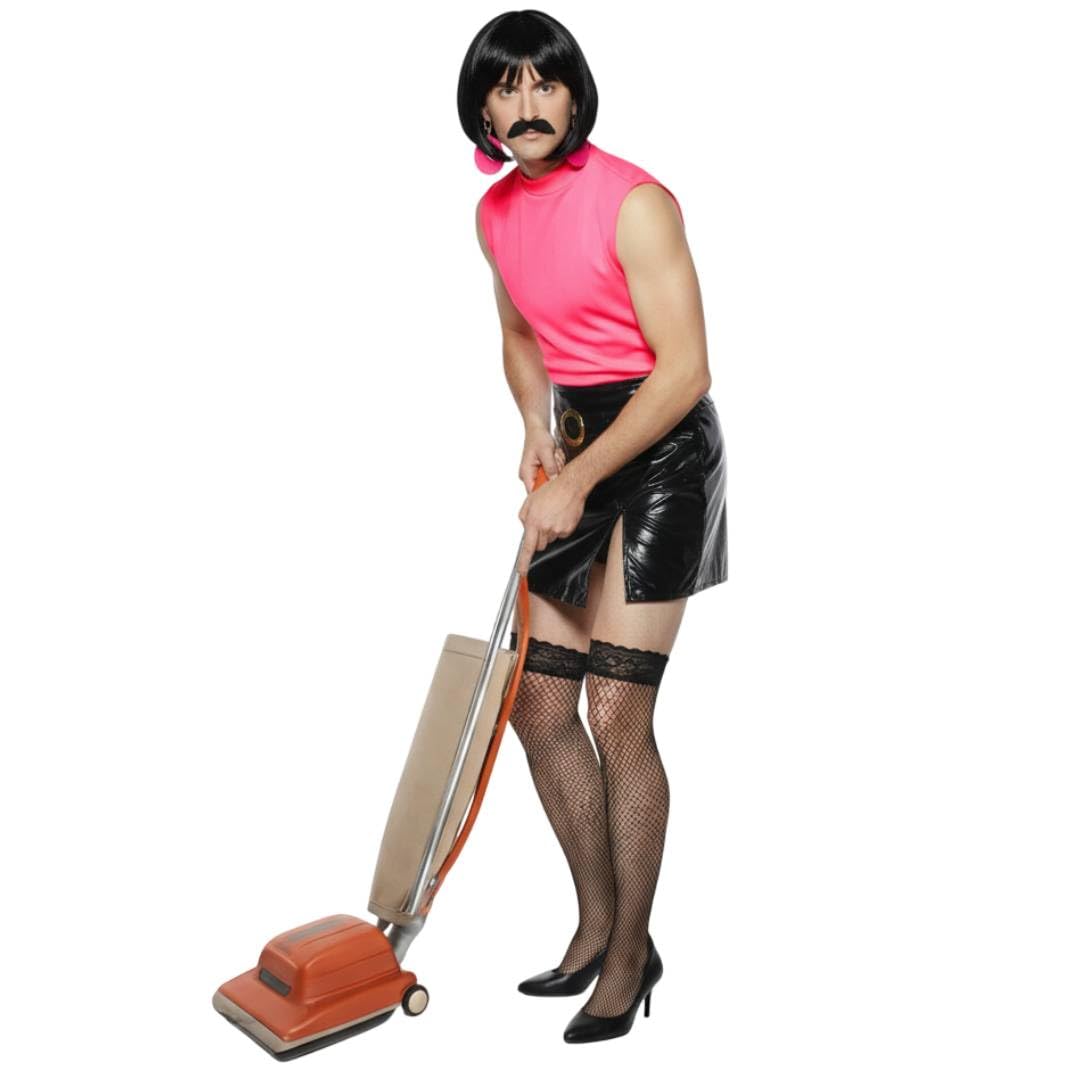 Break Free Housewife Costume – Pink & Black Dress with Wig & Moustache – Funny Drag Queen Fancy Dress for Adults, 1970s Themed Parties, Stag Dos & Singer Costumes