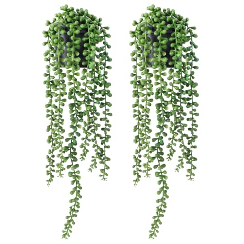 FUNARTY Künstliche Pflanzen für den Innenbereich, künstliche Perlenschnur in schwarzen Töpfen, realistische grüne Hängepflanzen für Regal, Schreibtisch, Zuhause, Garten, Dekoration, 2 Stück
