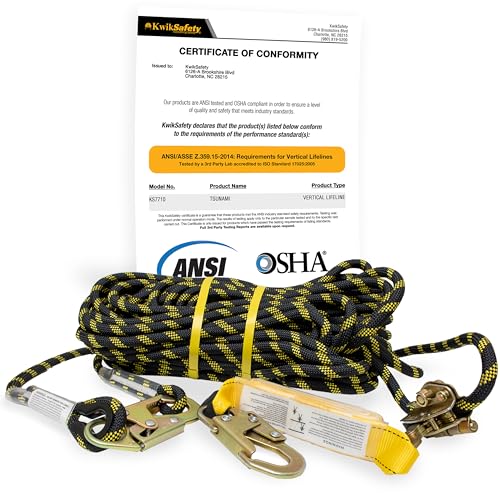 KwikSafety - Charlotte NC - TSUNAMI [Premium BRAIDED ROPE] Vertical Lifeline ANSI OSHA Rope Grab Snap Hook Shock Absorber Fall Protection Line Kit Restraint System Roofing Safety Equipment / 25 FT.