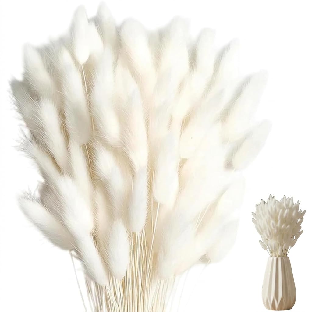 60 Pcs White Bunny Tails Dried Flowers, 32 Cm Pampas Grass Artificial