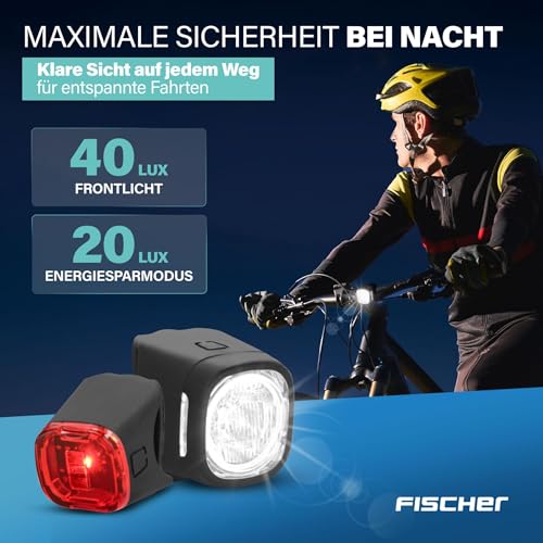 FISCHER Fahrrad Beleuchtungsset Square, 40/20 Lux, Front- und Rückleuchte, mit Akku, USB-Ladefunktion, Spritzwasserschutz nach IP44, StVZO-zugelassen