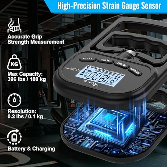 Ryaco Grip Strength Tester With Adjustable Hand Gripper, 396lbs/180kg Digital Hand Dynamometer Grip Strength Trainer Set Electronic Hand Grip Strengthener with LCD Display for Rehab Fitness Home Use