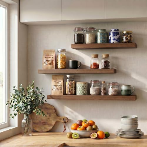 Image of Fun Memories Floating Shelves for Wall, 3 Pack 36 Inch Long Floating Shelves, 36 x 12 Wooden Shelves for Wall, Large Storage Shelves, Hanging Shelves for Bathroom Bedroom Kitchen, Walnut