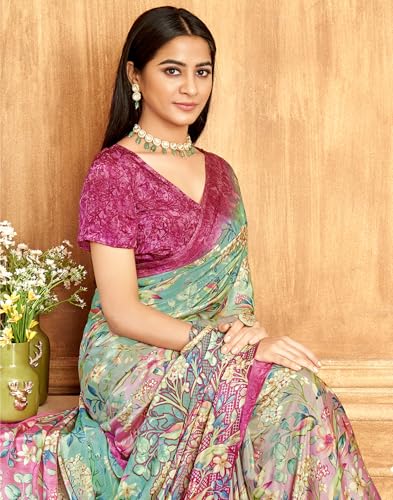 Image of SIRIL Women's Silk Crepe Floral Printed Saree With Unstitched Blouse Piece