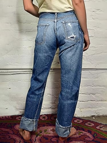 Flamingals Women's Straight Leg Mid Waist Casual Ripped Cropped Jeans for Women Destroyed Roll Hem Denim Jeans2