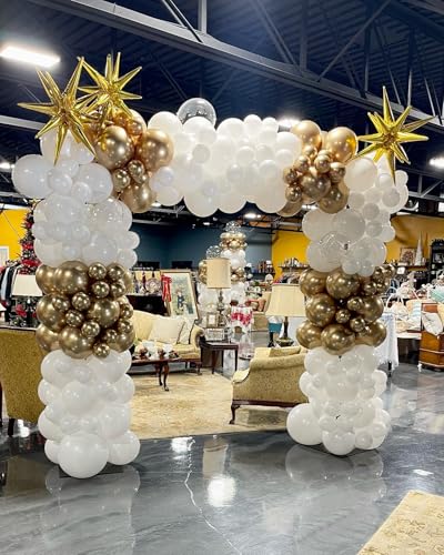 Image of White and Gold Balloon Arch Kit, 146Pcs Explosion Star White Metallic Gold Latex Balloon Garland kit, 22 18 12 10 5 Inch Different Size Balloons for Anniversary Birthday Engagements Party Decorations