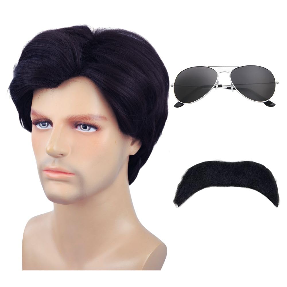 Deifor Men's 70s 80s Music Party Short Black Wig with Mustache and Sunglasses for Halloween Theme Costume Cosplay