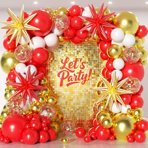 Image of 153Pcs Red and Gold White Balloons Garland Arch Kit with Stars - 22 18 12 10 5 inch Different Size Red White Metallic Gold Confetti Latex Balloon for Birthday Valentine's Day Party Decorations