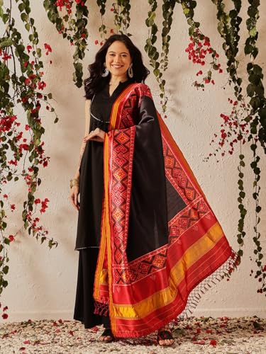 Image of Kalamkari Patola Dupatta Digital Printed With Handmade Tassels