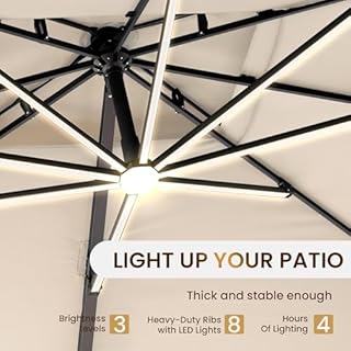 Ombrellon 10 X 13 FT Cantilever Patio Umbrella with Led Lights and Base Included Outdoor Heavy Duty Double Top Rectangle Offset Umbrellas with 360-degree Rotation for Pool Deck Backyard, Beige