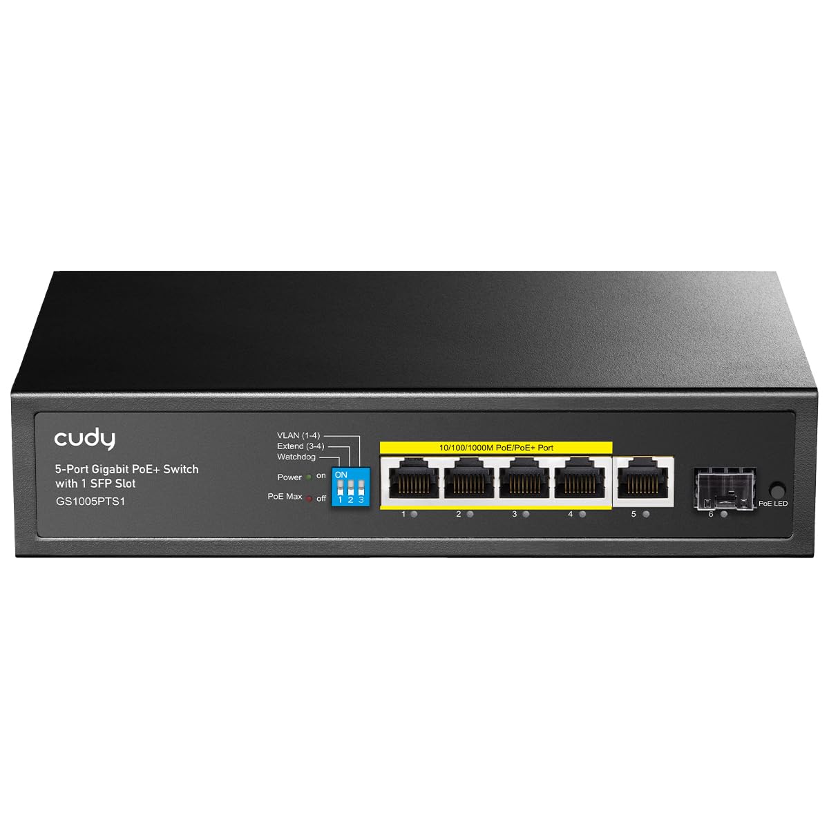 Cudy GS1005PTS1 Switch Gigabit PoE+ a 5 porte, PoE/PoE +, budget PoE 120 Watt, massimo 60 watt una porta, 4 porte PoE, 1 porta RJ45 uplink, 1 SFP, 802.3 at/af, VLAN, estensione a 250 metri | 4 porte GbE 802.3af/at con Hi-PoE P1, 1 porta GbE upstream, 1 po