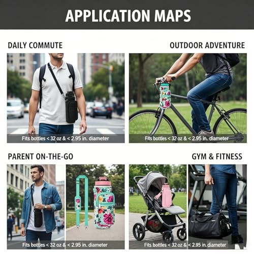 Image of Water Bottle Carrier Bag, 25oz 32oz Crossbody Water Bottle Holder with Adjustable Shoulder Strap, Sling Bag Sleeve Pouch Holder with Phone Pocket and Small Pocket for Walking Hiking Camping Gym