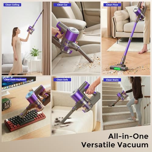 Image of WLOTPO Vacuum Cleaners for Home,Cordless Vacuum Cleaner,Lightweight Stick Vacuum Cordless Rechargeable,Self-Standing Design,LED Touch Screen,Vacuum for Hardwood Floors,Carpet,Pet Hair(Blue Purple)