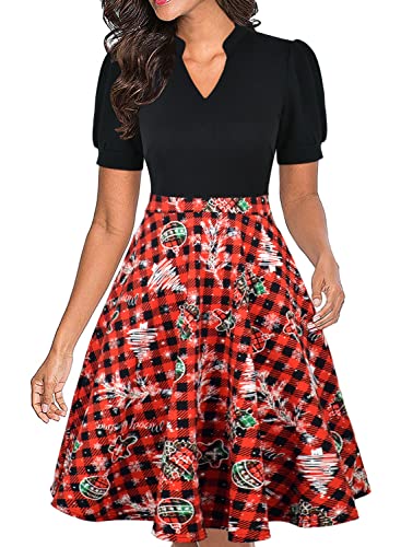 Image of Mokayee Womens Summer Short Puff Sleeve Casual Semi-Formal Fit and Flare Church Wedding Guest Work Dresses with Pockets