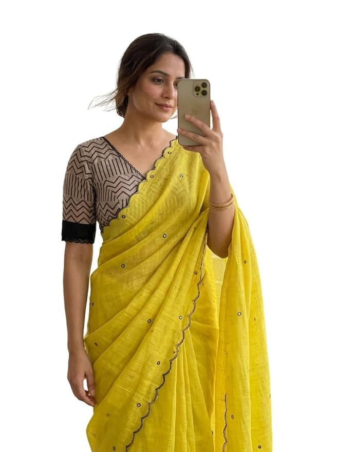 Linen Cotton Saree with Black Mirror Work, Digital Print Blouse Piece-picture-46