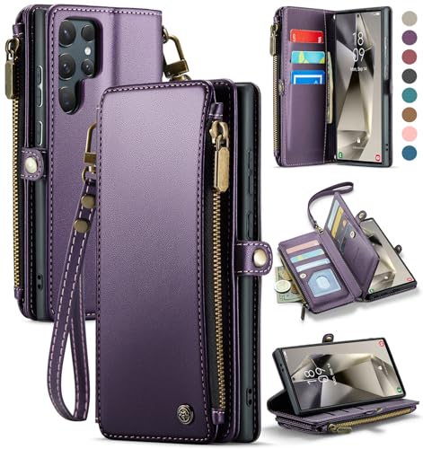 Defencase Compatible with Samsung Galaxy S24 Ultra Case Wallet with RFID Blocking Card Holder for Women Men PU Leather Magnetic Snap Flip Zipper Strap Phone Case Fit for Galaxy S24 Ultra 5G Purple
