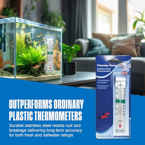 Image of Penn-Plax Therma-Temp Stainless Steel Thermometer - Accurate Aquarium Thermometer - Easy to Read - Dual Scale for Freshwater and Saltwater Tanks - Rust-Resistant Clip-On Design - 4.25 Inches