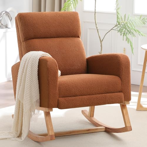 Image of HCHAIRH Rocking Chair Nursery with Foot Rest, Nursing Rocking Chairs for Mom Nursery, Teddy Rocker Glider with High Backrest for Living Room, Bedroom, Brown