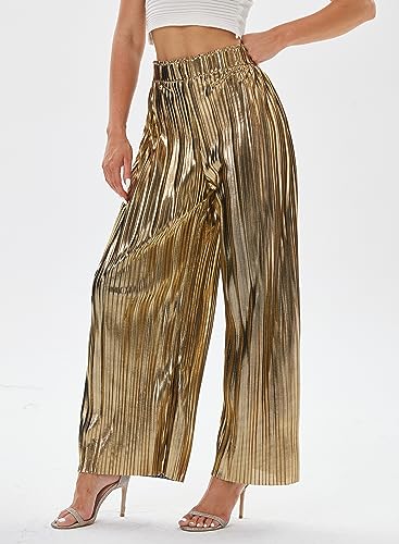 zsangbee Women's Metallic Sparkle Wide Leg Sequin Shiny Pants Party Club Casual Silver Gold Pants2