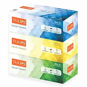 Tulips- 2 ply x 200 Pulls Facial Tissue Paper Box, Car Tissues, Super Soft, Super Absorbent & 100% Pure, (Pack of 3)