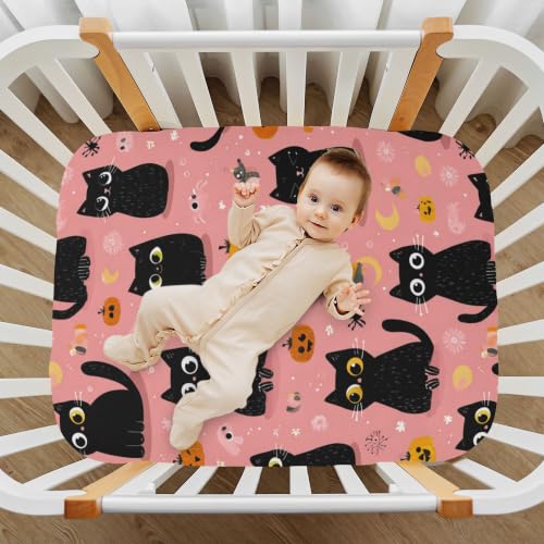 Image of Halloween Cute Cat Pinks Crib Sheets | Soft Breathable Fitted Baby Crib Sheets Mattress Cover for Girls Boys 52 inch x 28 inch x 9 inch