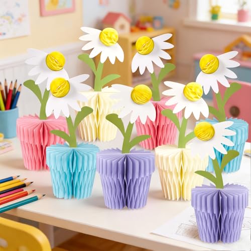 Image of 8Pcs Daisy Honeycomb Centerpieces Table Decorations 7 inch Flower Table Decor | Daisy Honeycomb Centerpieces set, 4 Pastel Colors, 3D Floral Daisy Centerpiece for Baby Showers, Birthdays, and Spring Party