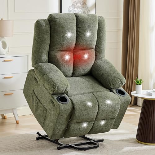 Image of Oversized Power Lift Recliner Chair for Elderly, 135 Lay Flat Electric Recliner with Massage & Heat, Stand Assist Lift Chair with 2 Cup Holders for Living Room,Green