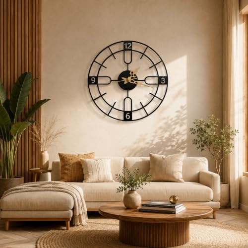 Image of 40 cm Metal Wall Clock, Black | Silent Non-Ticking, Skeleton Design, Modern Iron Analog, For Living Room, Bedroom, Hall, Office & Home Decor