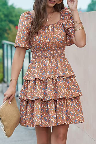 Image of PRETTYGARDEN Women's Summer Floral Ruffle Short Dress | Short Sleeve Square Neck, Flowy Tiered Hem, Fit and Flare, Flower Boho Dresses, Cute Beach Vacation Outfits, Fashion Clothing