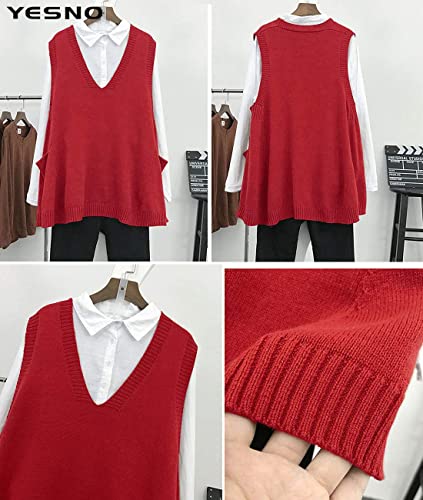 YESNO Sweater Vest Women Loose Swing Cotton Cute Oversized Knit Pullover Sleeveless Sweater Tops with Drop Pockets WM94