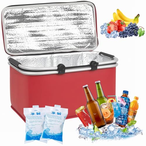 Nevera Isotermica 30L,Nevera Portatil Bolsa Termica Grande, Cooler Bag Plegable, Bolsa Térmica Plegable, para Picnic, Camping, Almuerzo, Bolsa Refrigeradora Portatil para Comida, Playa (Rojo)