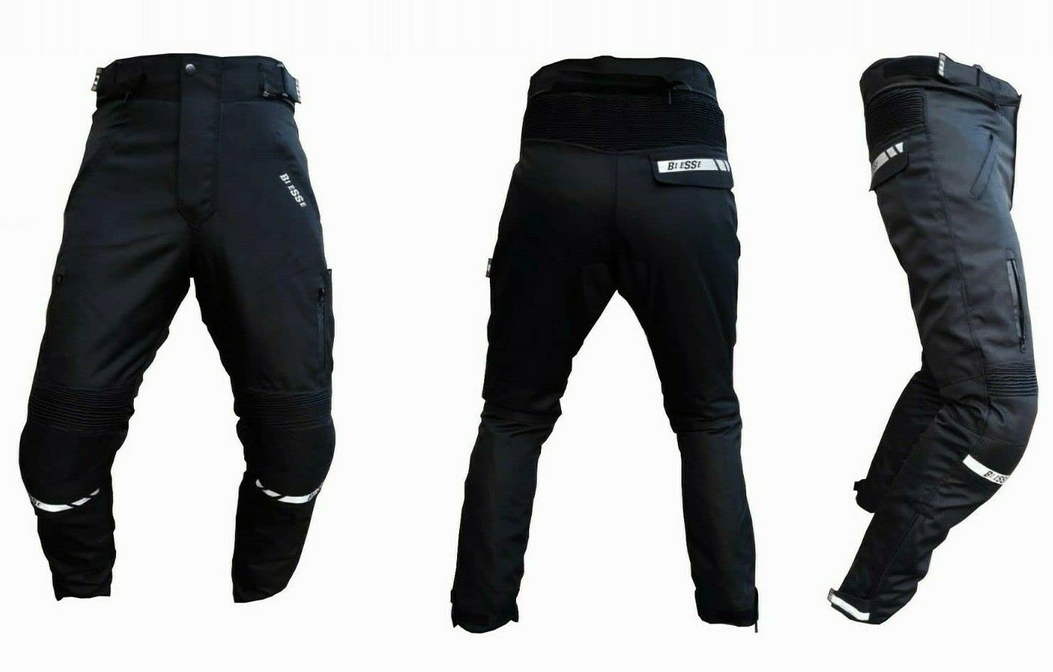 BI ESSE - Pantaloni Moto Uomo in Cordura Tessuto Nero Moto Impermeabile Antivento con Protezioni Fianchi, Ginocchio, Rimovibili