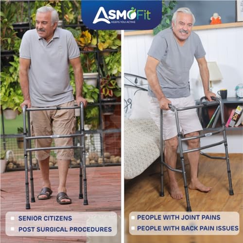 Image of Asmofit Height Adjustable Walker Heavyduty and Portable - Ideal for Old age people Senior Citizens Disabled Persons Post Surgery Injury Recovery Support Elderly Men & Women (Color :- Silver)