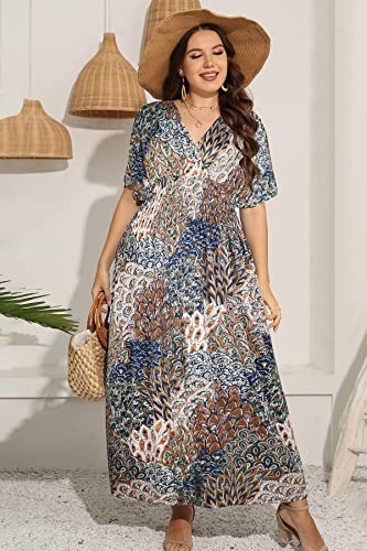 OSTOO Women's Plus Size Hawaii Empire Waist Bat Short Sleeve Casual Floral Print Boho Maxi Dress2
