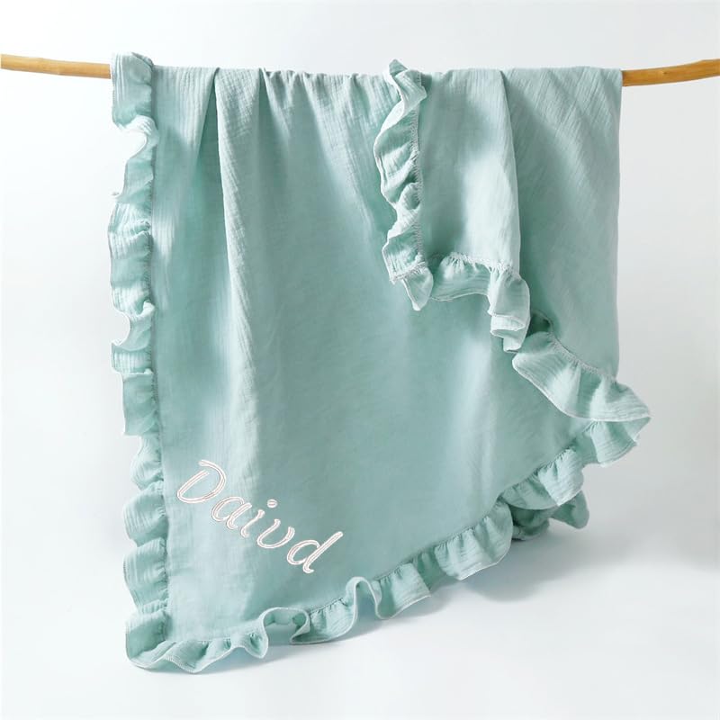 REEG Personalised Frill Edge Baby Blanket | Pram Blanket | Organic Cotton Baby Blanket | Frill Blanket | New Baby Gift (Green,embroidery name)