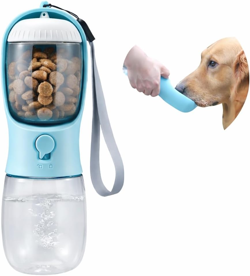 “2 in 1 Portable Dog Water Bottle with Food Container – Leak Proof Travel Pet Water Dispenser with Bowl & Strap – Puppy Outdoor Walking Hiking Accessories – Blue”
