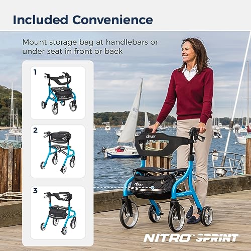 Image of Drive Medical Nitro Sprint Rollator Walker with Seat, Tall Height, Blue | Lightweight Rollator with Large Wheels Offers Foldable, Four Wheel Support for Tall Users Every Single Day