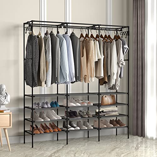 Kertnic 4-Tier Shoe Rack Storage Organizer For Entryway, Free Standing Black Shoes Rack And Boots Racks, Versatile Shoe Shelf Stand With Coat Hanging Garment Rack For Bedroom #TOP1