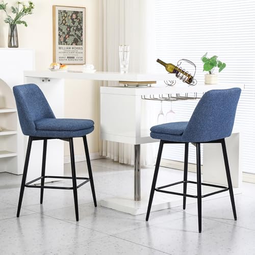 Butacos de altura para barra NewCosmos, juego de 2, giratorios 360°, con respaldo y patas metálicas, altura de asiento 25,6 pulgadas, para isla de cocina y pub, tapizados en tela de lino azul miniatura 4