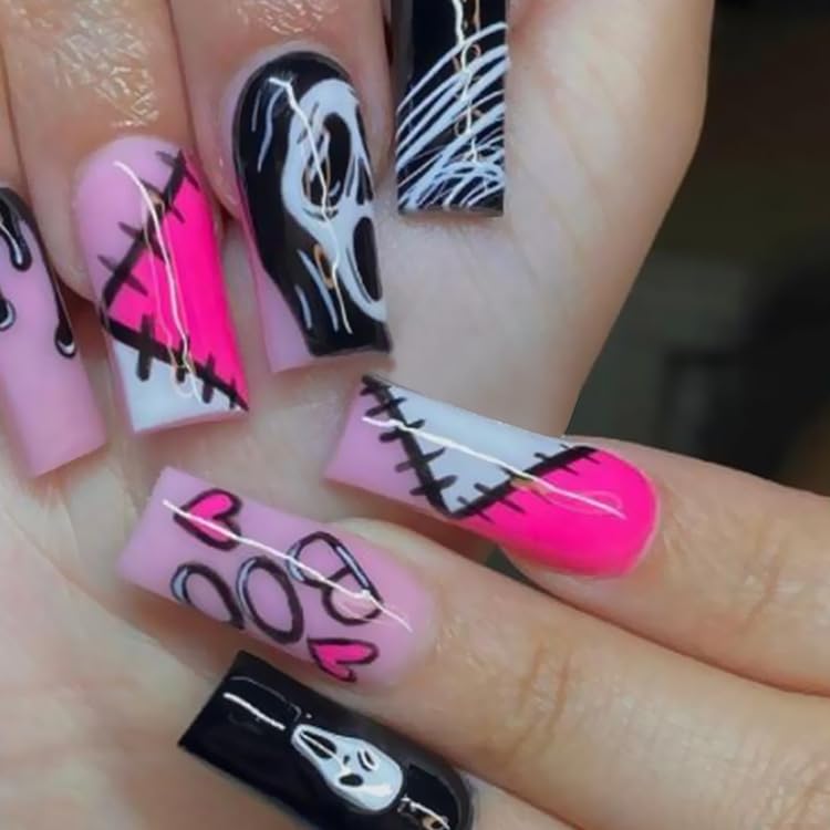 Combo of 2-Pack Halloween Press On Nails – Long Ghost Pumpkin Design + Pink Horror Stitch Nail Art – 48pcs Reusable Press on Nails with Glue Tabs – Artificial Nails for Women & Teens-image-6