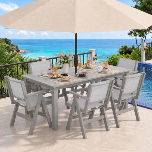 Image of 7-Piece Patio Dining Table Set, 69 inch Rectangle HDPE Outdoor Table & 6 Textilene Chairs Set with 2 inch Umbrella Hole, Wood-Look Finish, All-Weather Dining Set for Backyard, Poolside, Light Gray