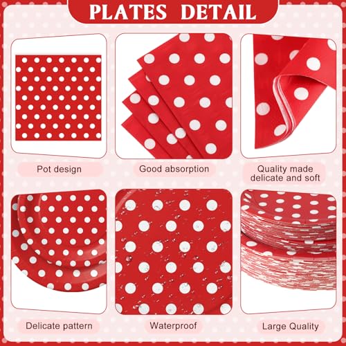Image of Funnymoom 452 Pcs Red Polka Dot Party Supplies for 50, Red and White Polka Dot Paper Plates Napkins Cups Tablecloth Cutlery Straws for Mouse Birthday Carnival Family Picnic Barbecue Party Decoration
