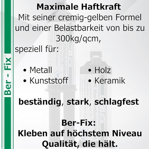 Ber-Fix 2K Hochleistungskleber Extrem starke Verbindung in 30 Minuten Für ABS, GFK, PVC, Stahl, Gusseisen, Holz 25g Spritze, 3 Statikmischspitzen zur präzisen Dosierung