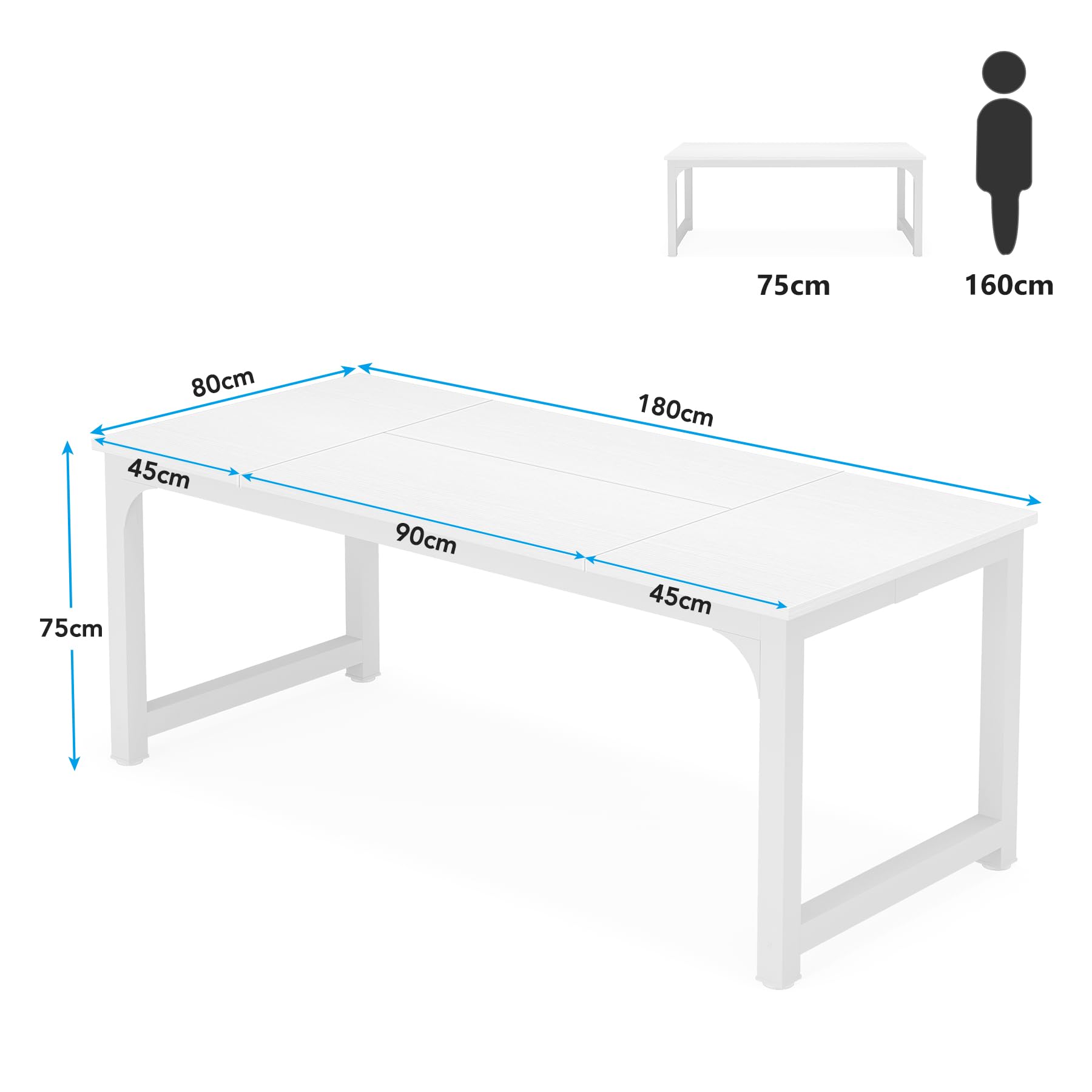 Tribesigns Mesa de comedor de 160 x 80 cm, mesa de cocina industrial rectangular para 4-8 personas, robusta mesa de comedor con patas de metal, para cocina, comedor, salón (blanco, 180 x 80 x 75 cm)