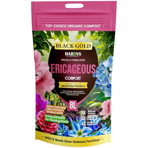 Hardys Black Gold Ericaceous Compost 8L - Organic Worm Cast Houseplant Potting Mix & Compost for Outdoor Plants - Acidic Soil Mix for Azaleas, Rhododendrons, Camellias, Blueberries