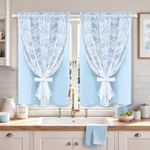 Image of Yinhua Blue Kitchen Curtains 36 Inch Length Double Layer Blackout Cafe Curtains with Floral Sheer Overlay Rod Pocket Short Curtain for Windows, Small Window Curtain for Bathroom, Living Room, 2 Panels