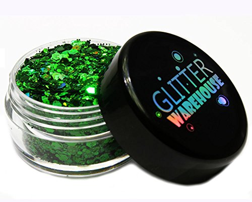 Green Holographic Chunky Glitter GLITTERWAREHOUSE COSMETIC GLITTER Loose Glitter Powder for Festival Beauty Makeup Face Body Hair Nails Eyes Lips (20g Jar)