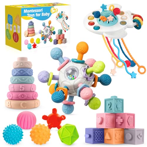 Image of SpringFlower 0-3-6-12 Months Baby Toys, 5 in 1 Montessori Toys for Babies, Teething Toy & Stacking Building Block & Ring & Silicone Pull String, Sensory Development Baby Infant Toy, Gift for Babies