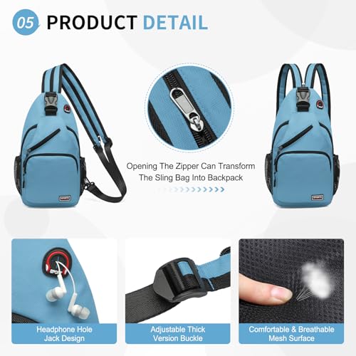 Image of Convertible Sling Bags for Women Men, Lightweight Crossbody Backpack Daypack Fit for 11 inch Tablet for Casual Travel Sport Hiking (Blue)
